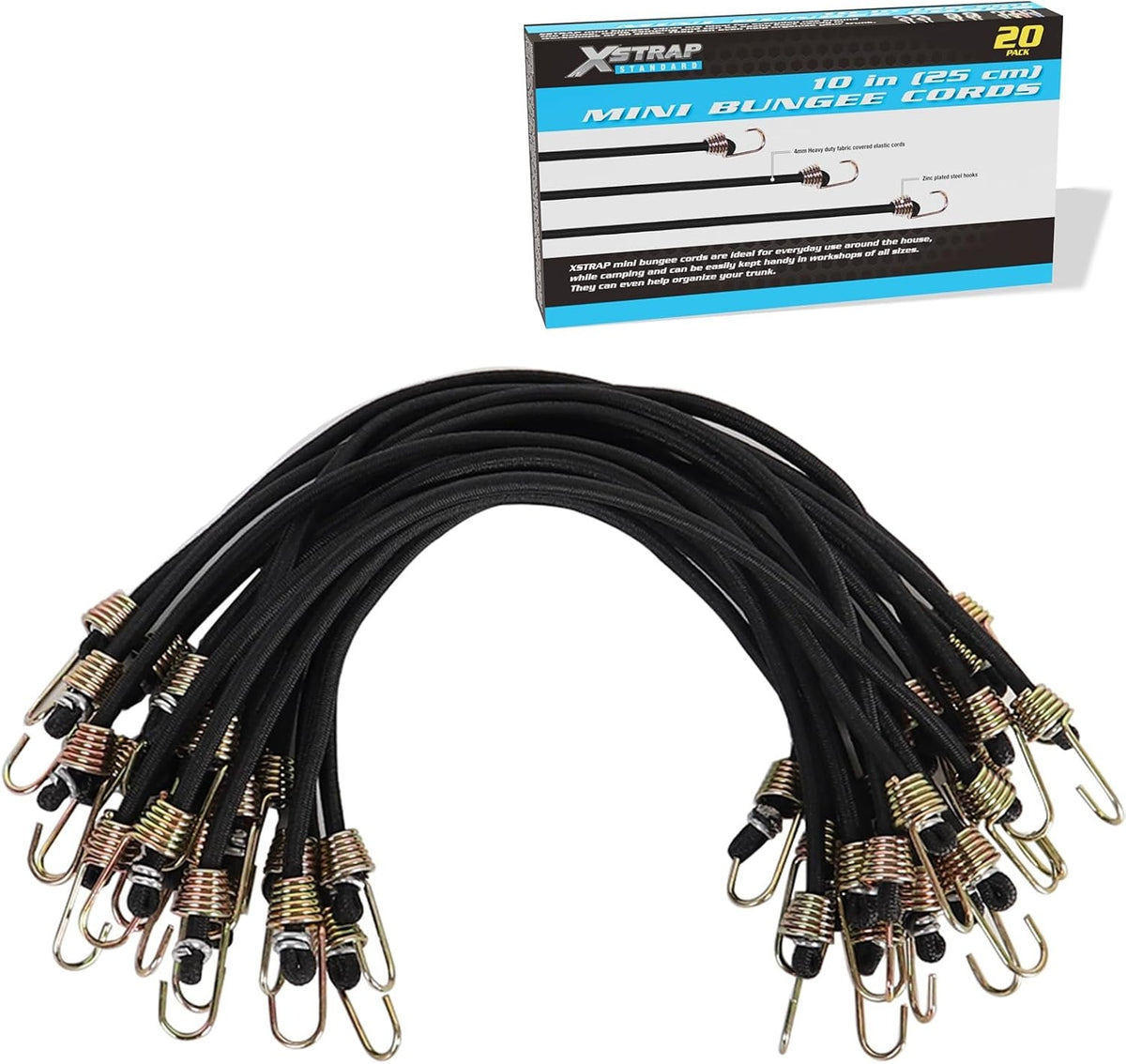 XS16022-Black  10-Inch Mini Bungee Cords with Hook, 20 Pcs Elastic Straps Small Rubber Stretchy Cords for Bikes Tarp Covers Canvas Canopies Roof Racks Cargo Hang Christmas Ornaments, Black