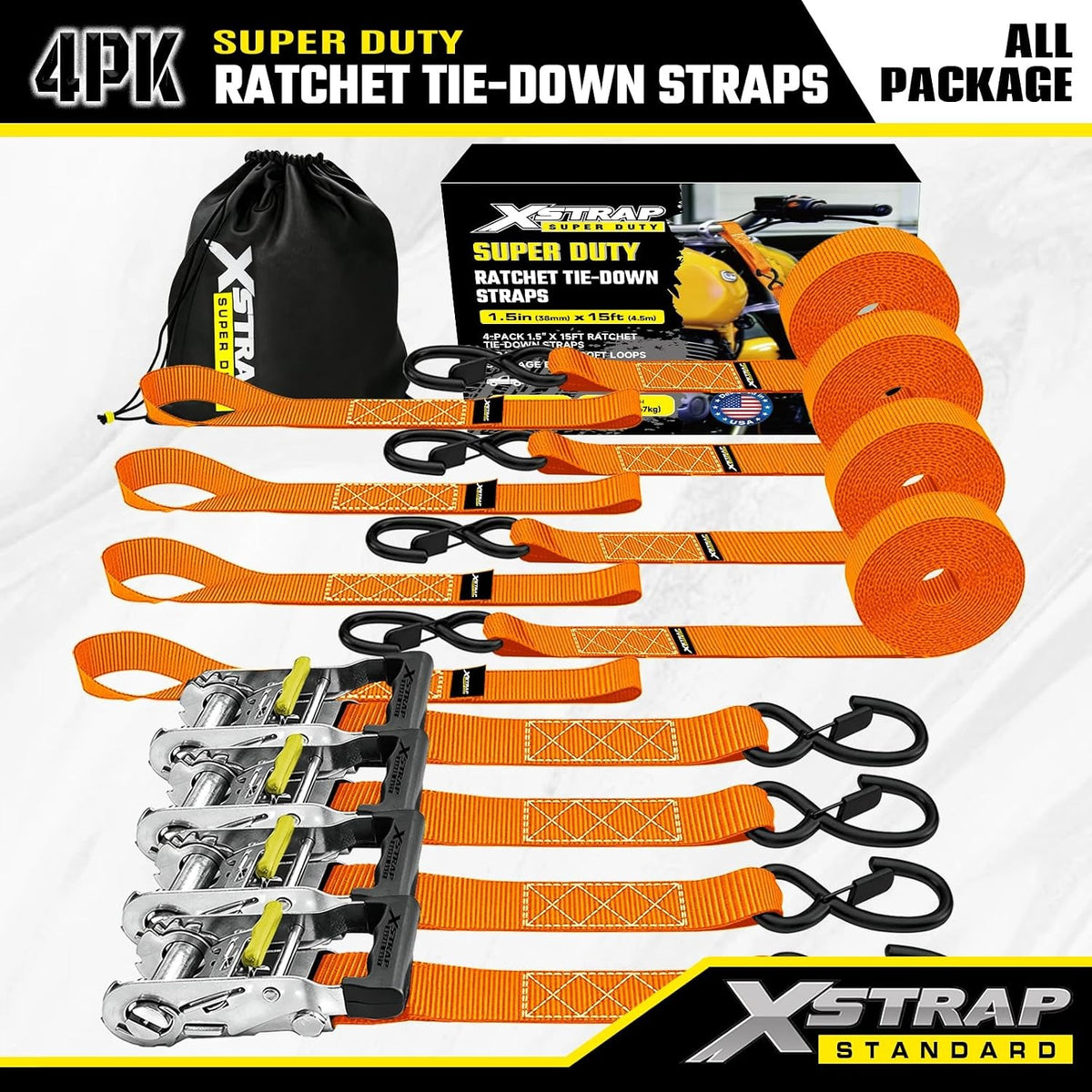 XS61690 Super Duty Ratchet Tie Down Straps, 4-Pack 1.5" x 15ft 5000 Lbs Breaking Strength with Safety S-Hooks & 4 of 17" Soft Loops, Black Cargo Straps for Motorcycle, ATV, UTV and Trucks