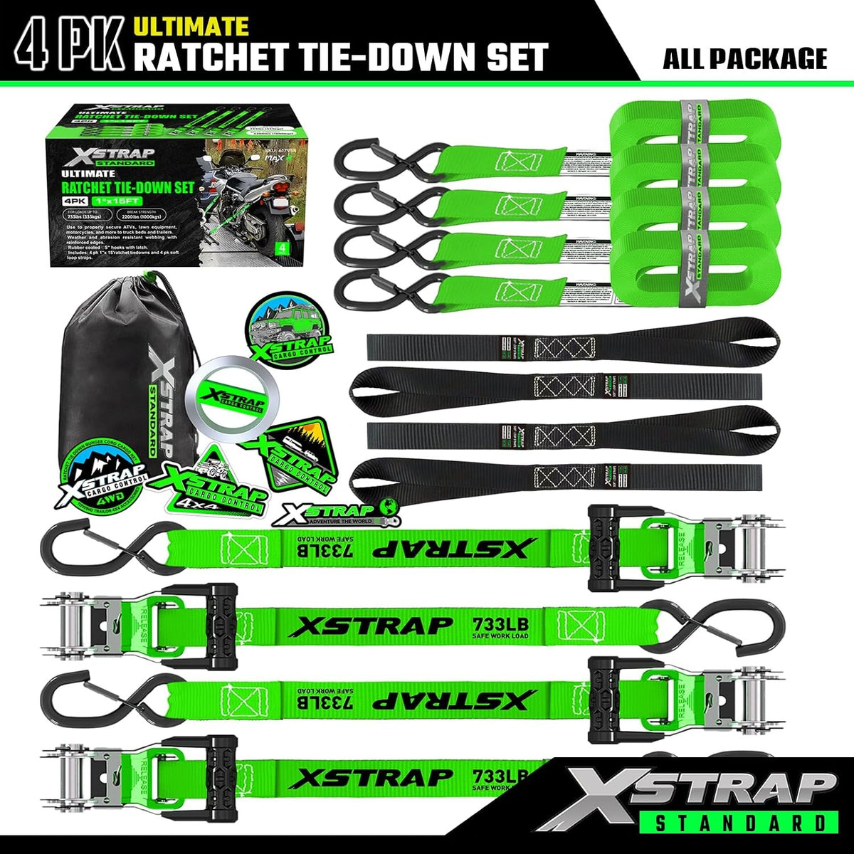 X61795 4PK 1"x15ft Motorcycle Ratchet Tie Down Straps with S-Hooks 2,200 Lbs Break Strength Heavy Duty Padded Handles Ratchet Straps for Kayak Trailer ATV Truck and Moving, Black