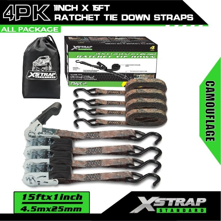 XS11220-Camouflage 4 Pack 1" x 15FT Ratchet Tie Down Straps, Motorcycle Straps, 1890Lbs Break Strength, Abrasion-Resist Webbing with Coated S Hook for Moving Appliances Lawn Equipment ATV Truck, Camouflage