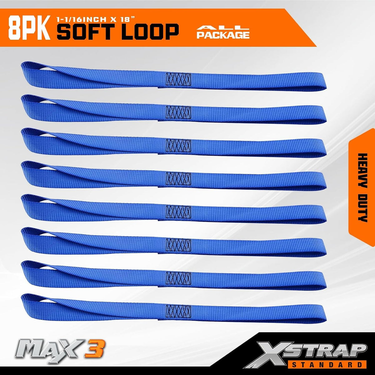 XS16004-Blue 8PK Motorcycle Soft Loop Tie-Down Straps 1-1/16 x 18 inches 3,600LB Breaking Strength, Loop Straps for Securing Trailering, Bikes, ATV, UTV, Scooters, Dirt Bikes, Lawn Equipment, Black