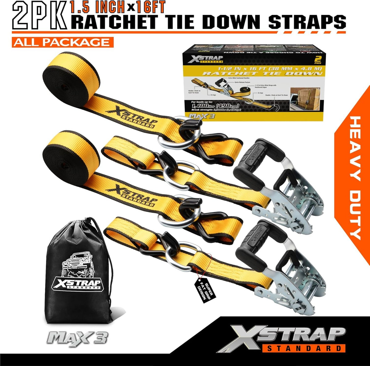 XS16092-2Y 2 Pack 1.5" x 16Ft Ratchet Tie Down Straps w/Double J Hook 3,300 lb Break Strength, Heavy Duty Tie Down Straps for ATV, UTV, Truck, Motorcycle & Cargo Hauling, , Kayak, Trailer, Yellow