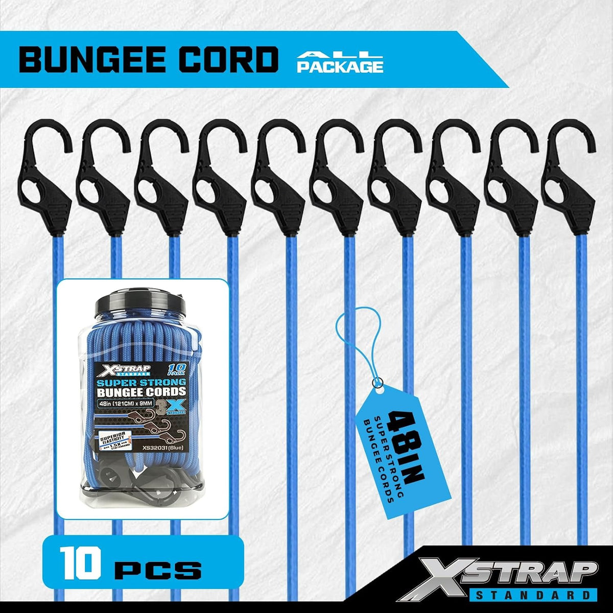 XS32031-Blue 10PK 48" Heavy Duty Rubber Bungee Cords w/Finger-Hole Hooks Enhanced 3X Strength, Elastic Stretch from 48" to 72" for Securely Fastening Cargo Auto Truck RV Boat & Garage Organization