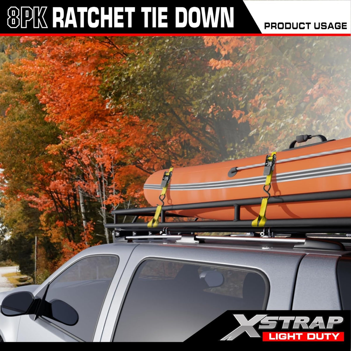 XS16044 8-PK Ratchet Tie Down Straps, 1" x 10ft Cargo Strap, Yellow	900 Lbs Break Strength Securing Straps with S-Hook for UTV, ATV, Pickup, Truck, Moving Appliances, Lawn Equipment, Yellow