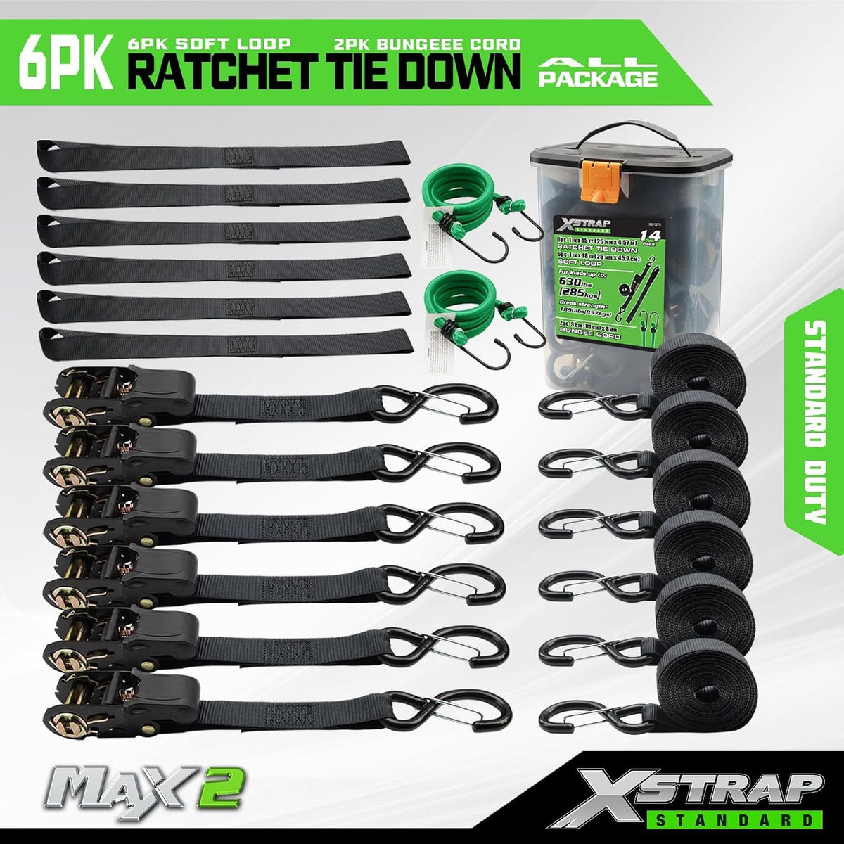 XS16079 6-Pack 1" x 15FT Ratchet Tie Down Straps Motorcycle Straps, 1890 lbs Breaking Strength Ratchet Straps, Loops, Bungee Cords for Moving Appliances Trucks Lawn Equipment & Cargo, Black