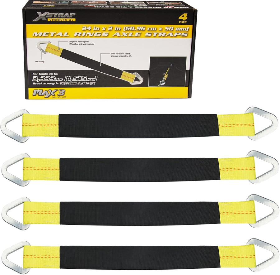 XS20306 4-PK 36" x 2" Axle Straps with Protective Sleeve and D-Ring Tire Wheel Tie Down Straps for Securing Race Car Tow Truck Transport, 3333 Lb. Capacity 10,000 Breaking Strength, Yellow