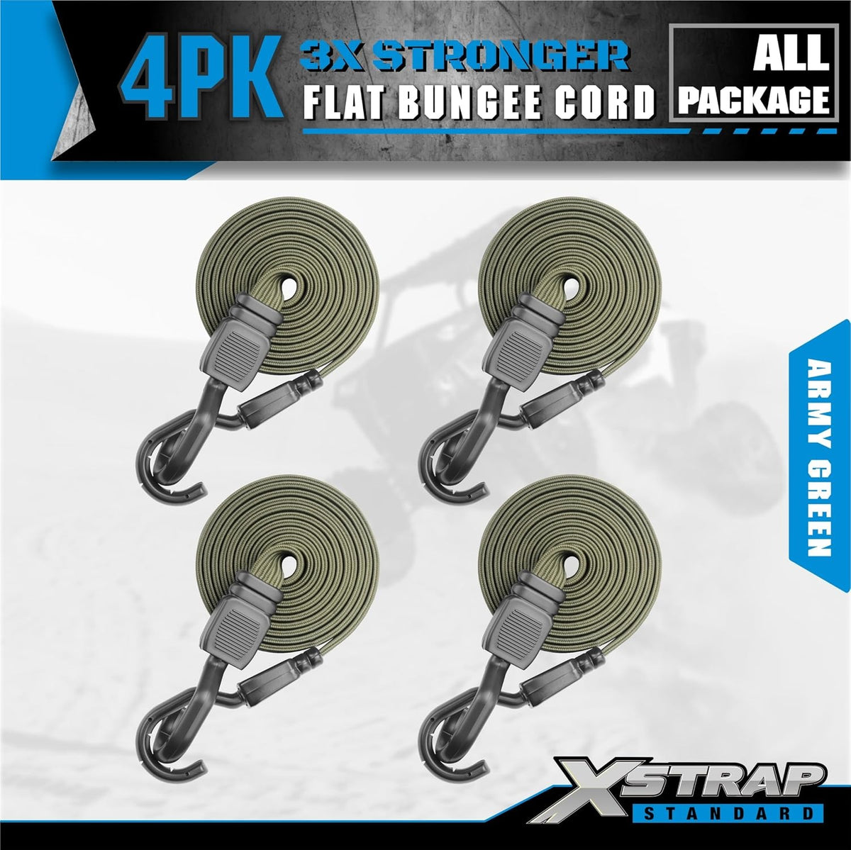 XS16031-Army Green 4 PCS 77 Inch Flat Bungee Cords with Hooks Heavy Duty Army Green Bungee Straps for Bike Rack, Cargo, Luggage, Camping, Trunk Cargo and Outdoor Gear Securing