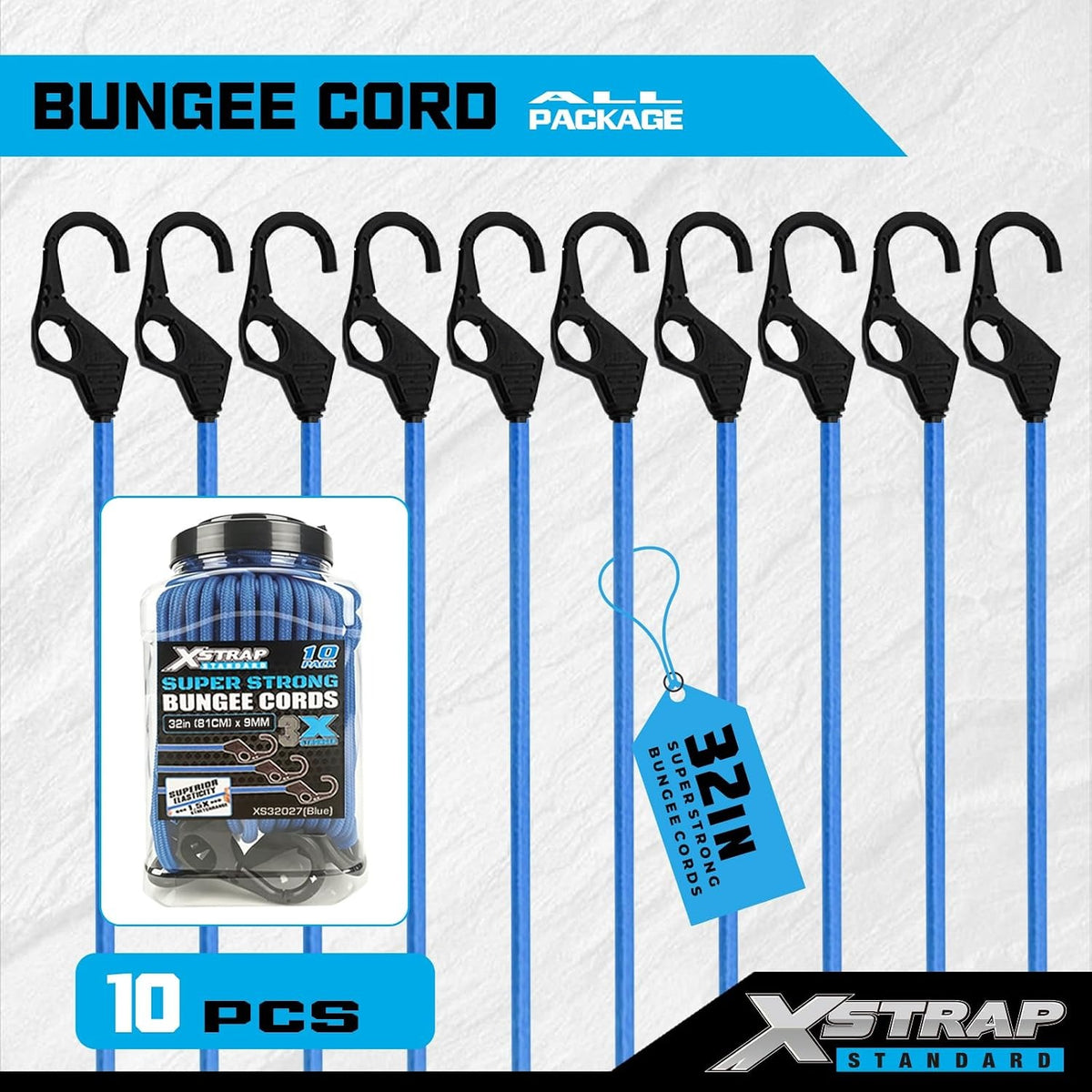 XS32027-Blue 10PK 32-inch Heavy Duty Bungee Cords with Finger-Hole Hooks Premium Blue Rubber Elastic Bungee Straps Multipurpose Tie Downs for Outdoor Tarp Covers Camping Tent Luggage & Moving Cargo