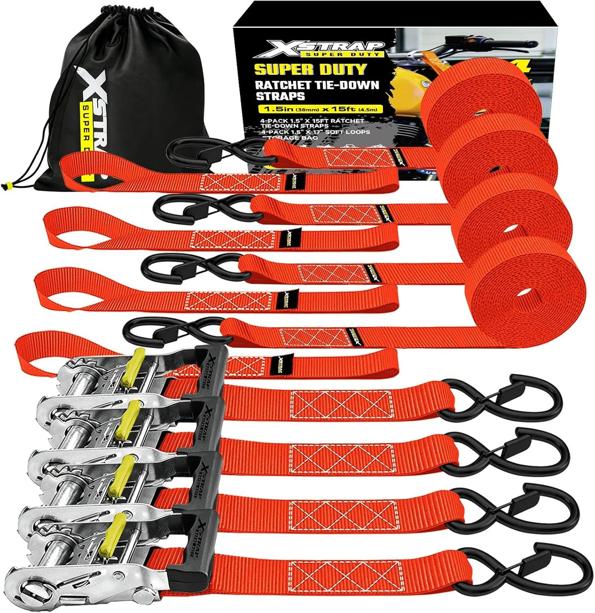 XS61688 Super Duty Ratchet Tie Down Straps, 4-Pack 1.5" x 15ft 5000 Lbs Breaking Strength with Safety S-Hooks & 4 of 17" Soft Loops, Black Cargo Straps for Motorcycle, ATV, UTV and Trucks