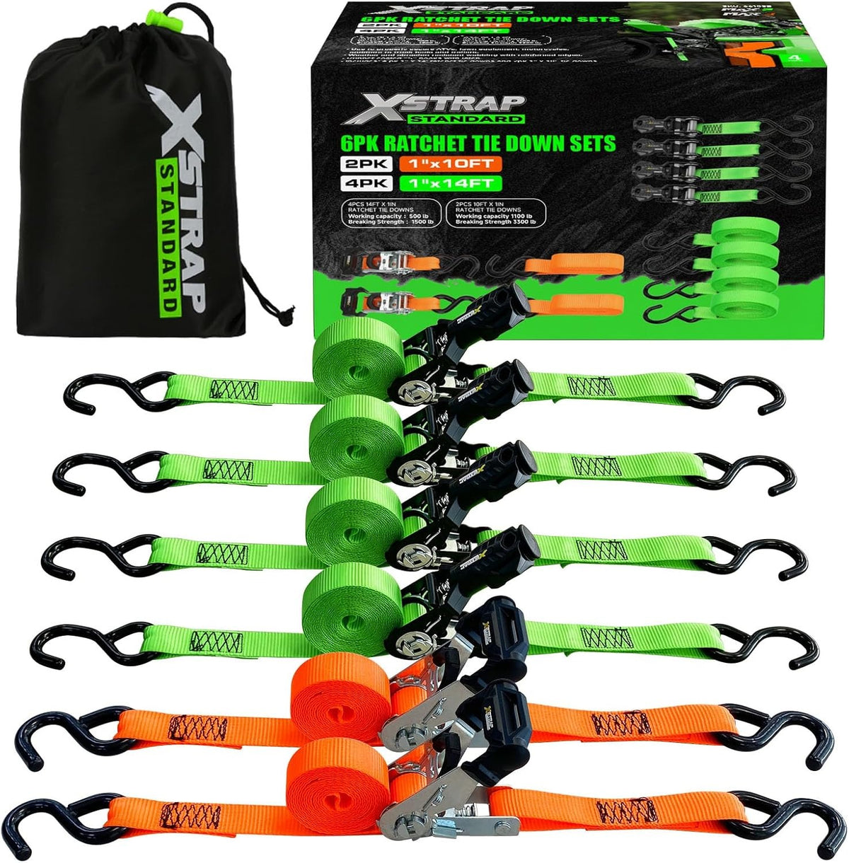 66105B 6-PK Ratchet Tie Down Straps, Heavy Duty Motorcycle Straps 1 Inch 4 x 14ft & 2 x 10ft Tie-down, 3300 lbs Break Strength Cargo Straps with Coated S-Hooks for Moving, Truck, UTV, Trailer