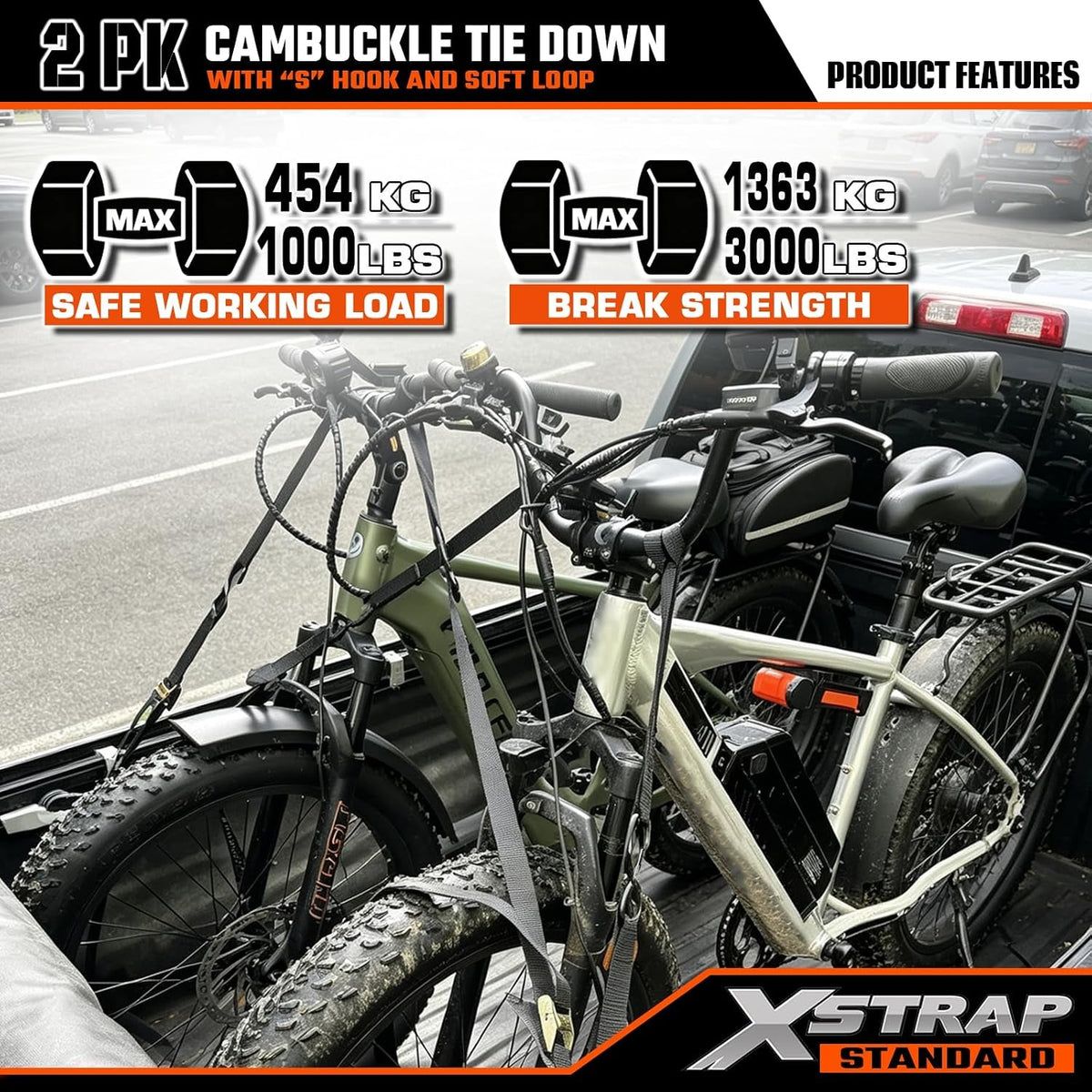 XS16008 2-PK Motorcycle Straps Cambuckle Tie Down 1.5" X 8FT, Black 3000lb Break Strength Heavy-Duty Handlebar Straps, Safety S-Hooks & Soft Loops for Dirt Bike, ATV, Boat & Kayak