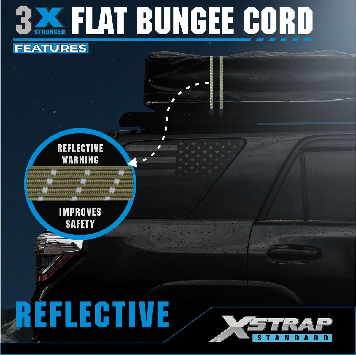 XS16031-4PCS Reflectlight 4 PCS 77 Inch Flat Reflective Bungee Cords with Hooks Heavy Duty Army Green Bungee Straps for Bike Rack, Cargo, Luggage, Camping, Trunk Cargo and Outdoor Gear Securing