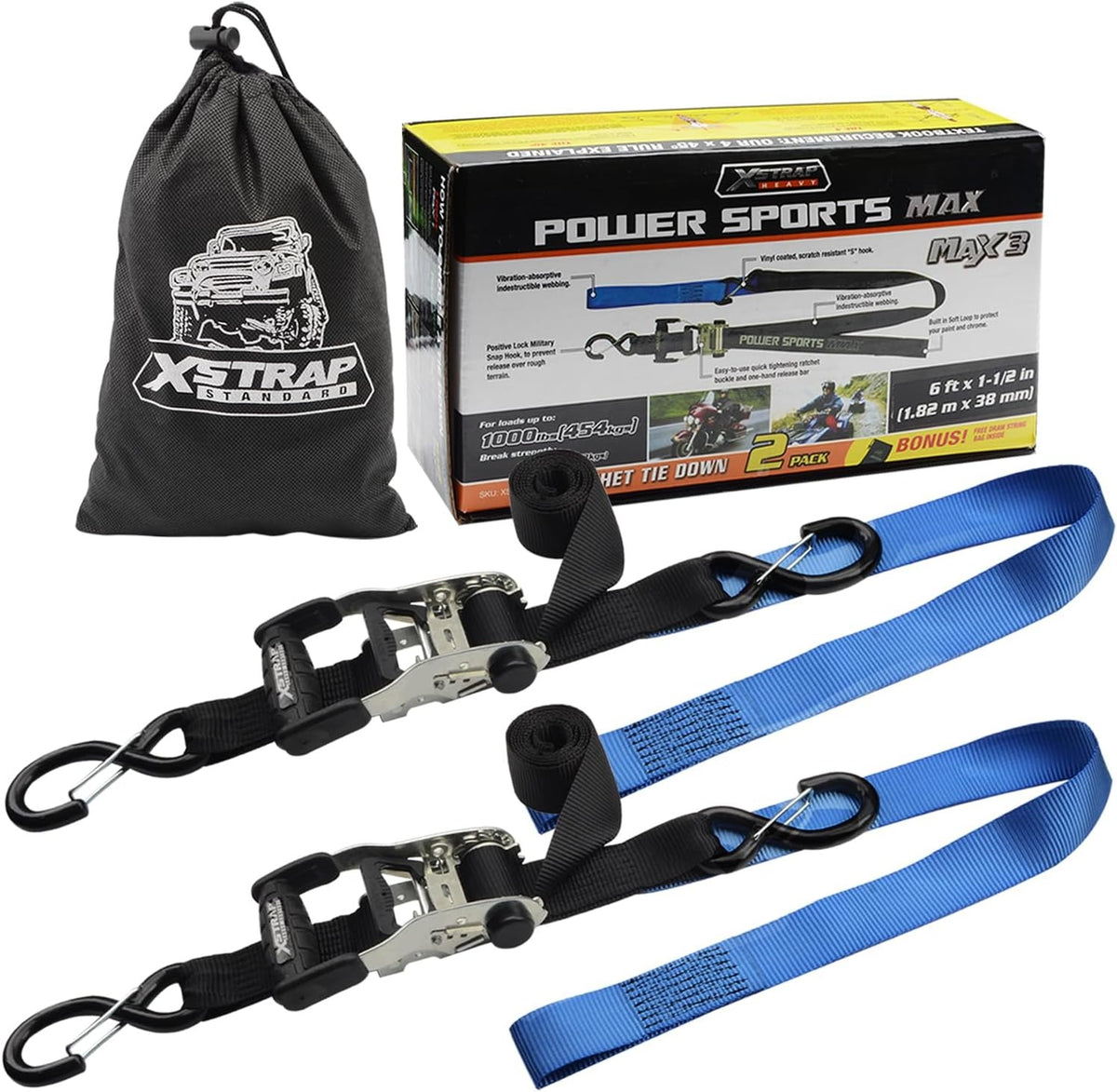 XS13501 2 Pack 1.5" x 6FT Ratchet Tie Down Straps with Lock S Hooks 1000Lbs Load Cap, 3000Lb Break Strength, Soft Loops & Safety Clip Hooks Cargo Straps for Motorcycle, ATV, Kayak, Black