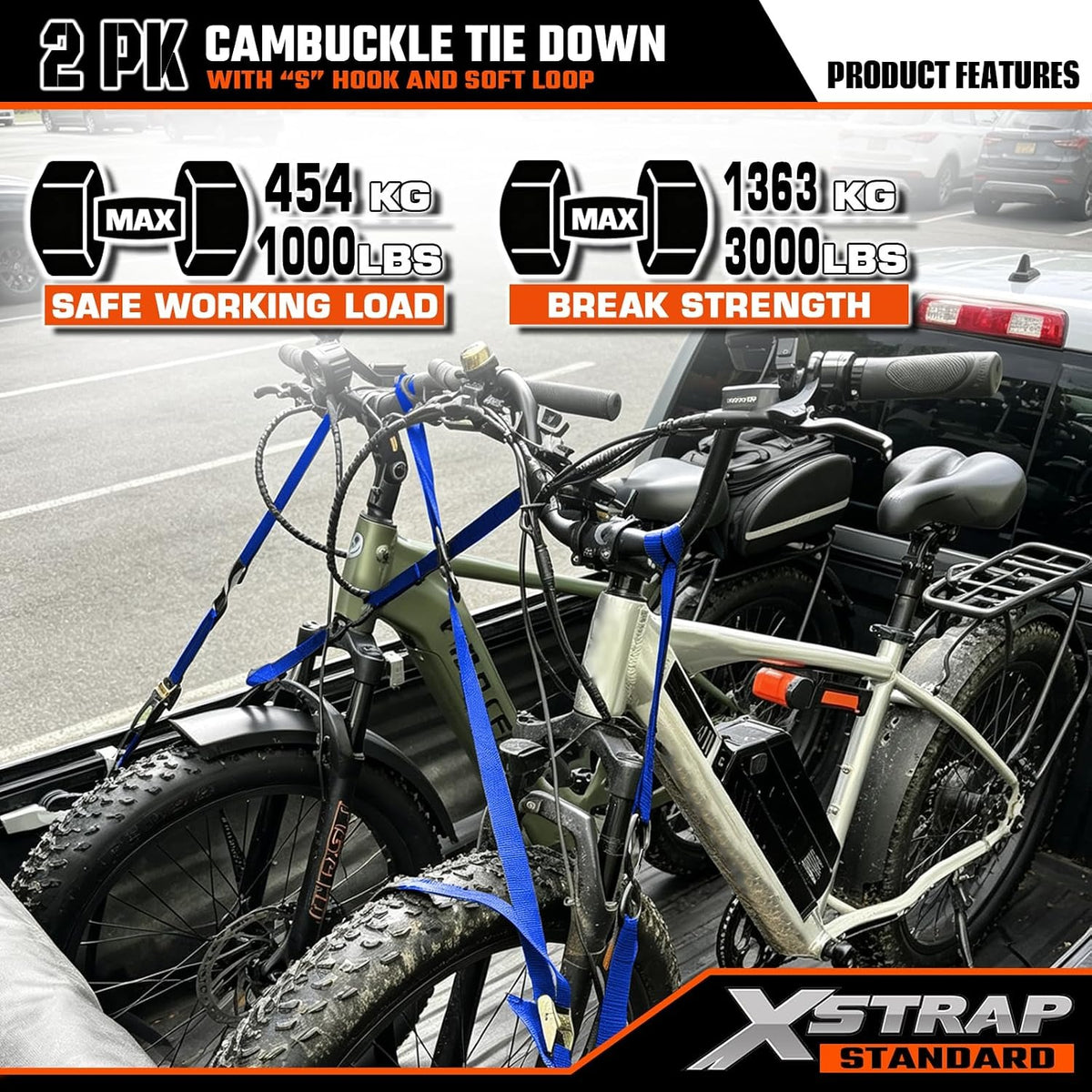 XS16008-Blue 2-PK Motorcycle Straps Cambuckle Tie Down 1.5" X 8FT, Blue 3000lb Break Strength Heavy-Duty Handlebar Straps, Safety S-Hooks & Soft Loops for Dirt Bike, ATV, Boat and Kayak
