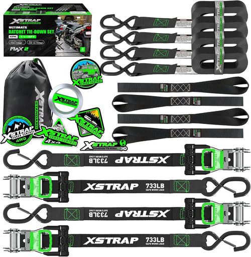 XS11221 1''x15Ft Ratchet Tie Down Straps 4PK, Integrated Soft Loops 2,200 Lbs Break Strength Heavy Duty Padded Handles Ratchet Straps for Kayak Trailer ATV Truck and Moving, Black