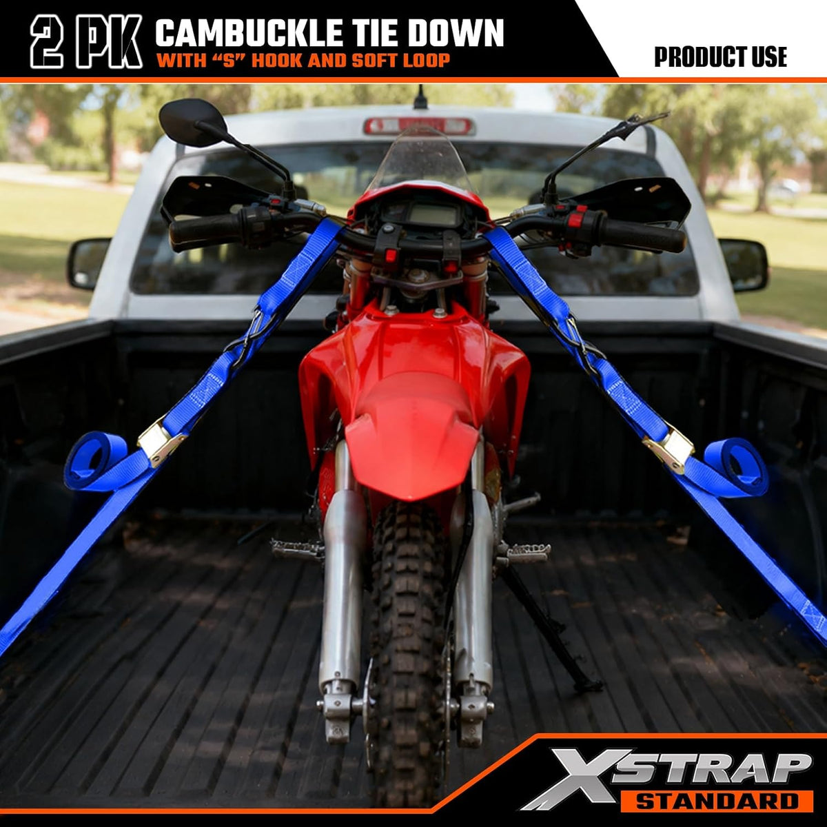 XS16008-Blue 2-PK Motorcycle Straps Cambuckle Tie Down 1.5" X 8FT, Blue 3000lb Break Strength Heavy-Duty Handlebar Straps, Safety S-Hooks & Soft Loops for Dirt Bike, ATV, Boat and Kayak