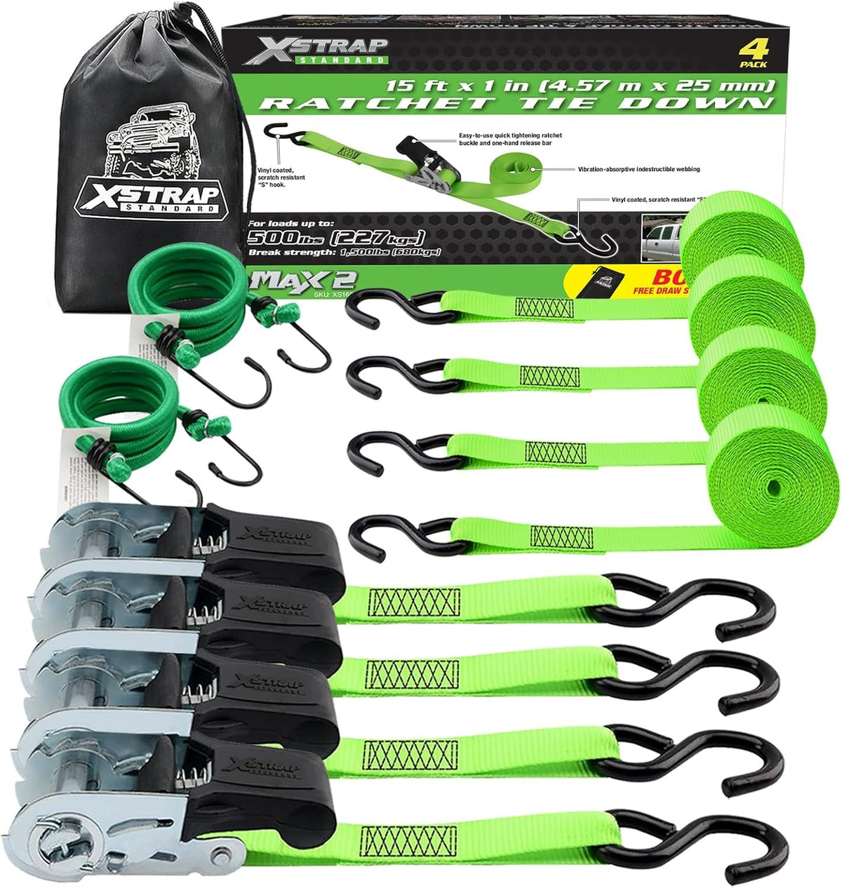 XS16019 4 Pack 1" x 15FT Ratchet Tie Down Straps, Motorcycle Straps, 1500Lbs Break Strength, Abrasion-Resist Webbing with Coated S Hook for Moving Appliances, Lawn Equipment, ATV, Truck, Green