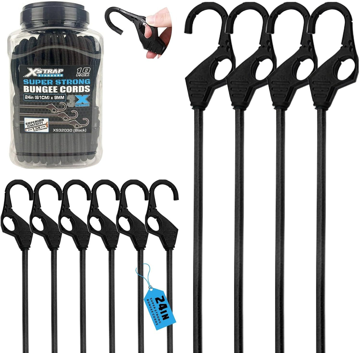 XS32030-Black 10PK 24inch Heavy Duty Bungee Cords with Finger-Hole Hooks Premium Black Rubber Elastic Bungee Straps Multipurpose Tie Downs for Camping Truck Bike Tents Luggage & Moving Cargo Storage