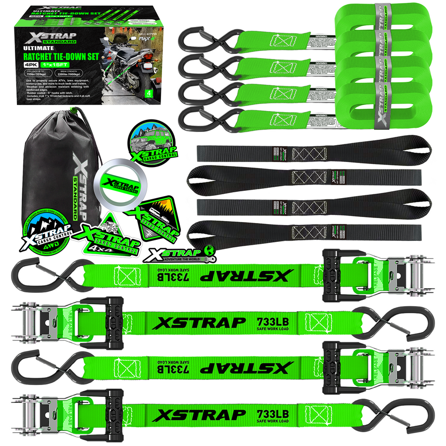X61795 4PK 1"x15ft Motorcycle Ratchet Tie Down Straps with S-Hooks 2,200 Lbs Break Strength Heavy Duty Padded Handles Ratchet Straps for Kayak Trailer ATV Truck and Moving, Black