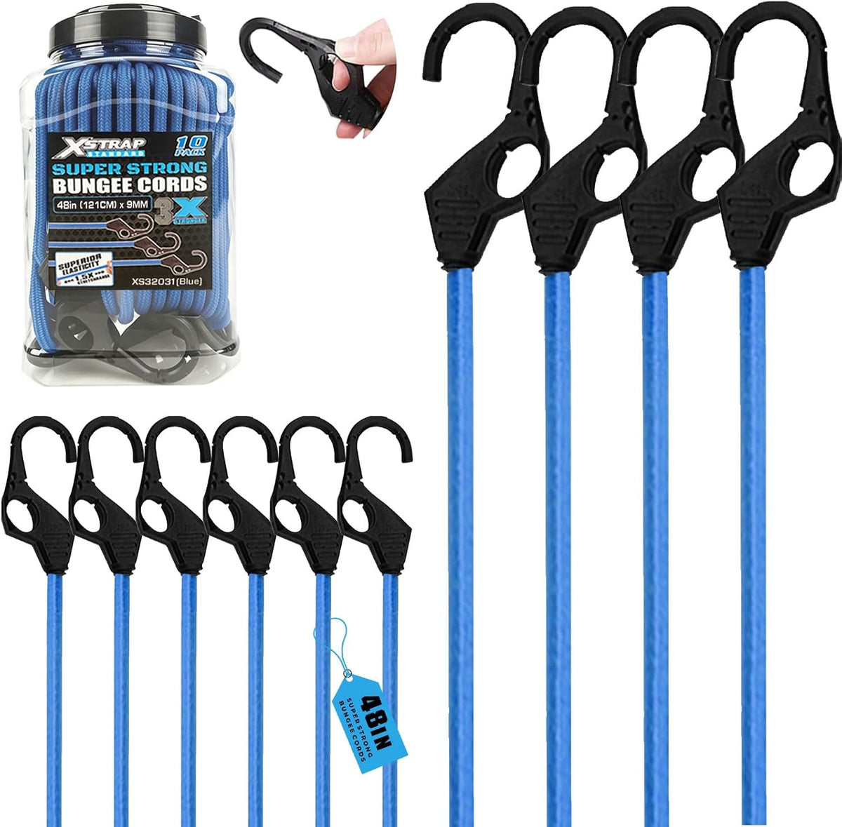 XS32031-Blue 10PK 48" Heavy Duty Rubber Bungee Cords w/Finger-Hole Hooks Enhanced 3X Strength, Elastic Stretch from 48" to 72" for Securely Fastening Cargo Auto Truck RV Boat & Garage Organization