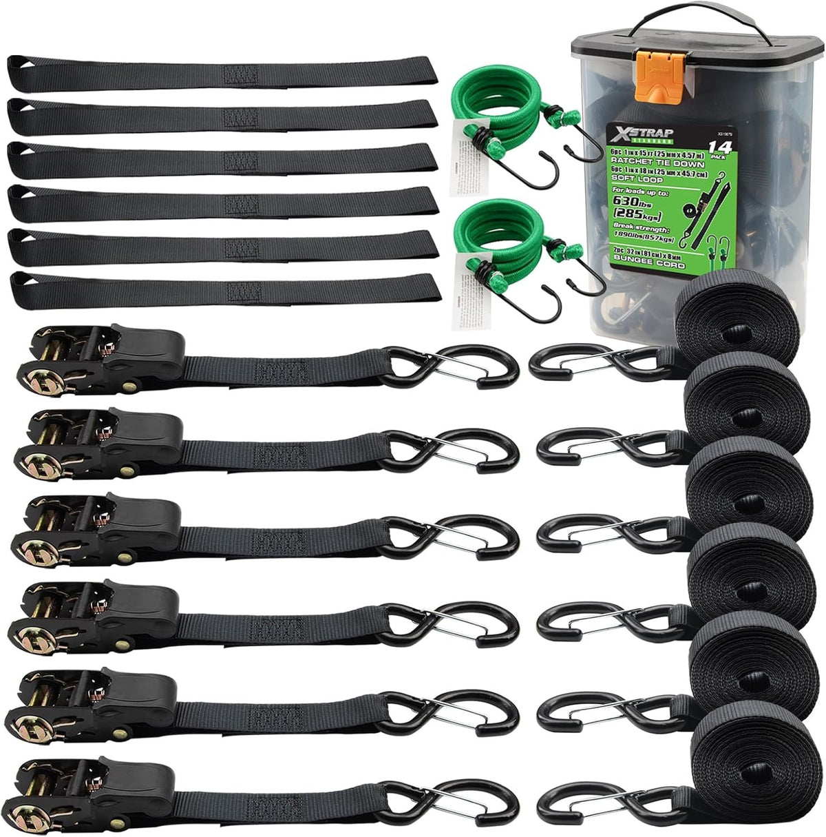 XS16079 6-Pack 1" x 15FT Ratchet Tie Down Straps Motorcycle Straps, 1890 lbs Breaking Strength Ratchet Straps, Loops, Bungee Cords for Moving Appliances Trucks Lawn Equipment & Cargo, Black
