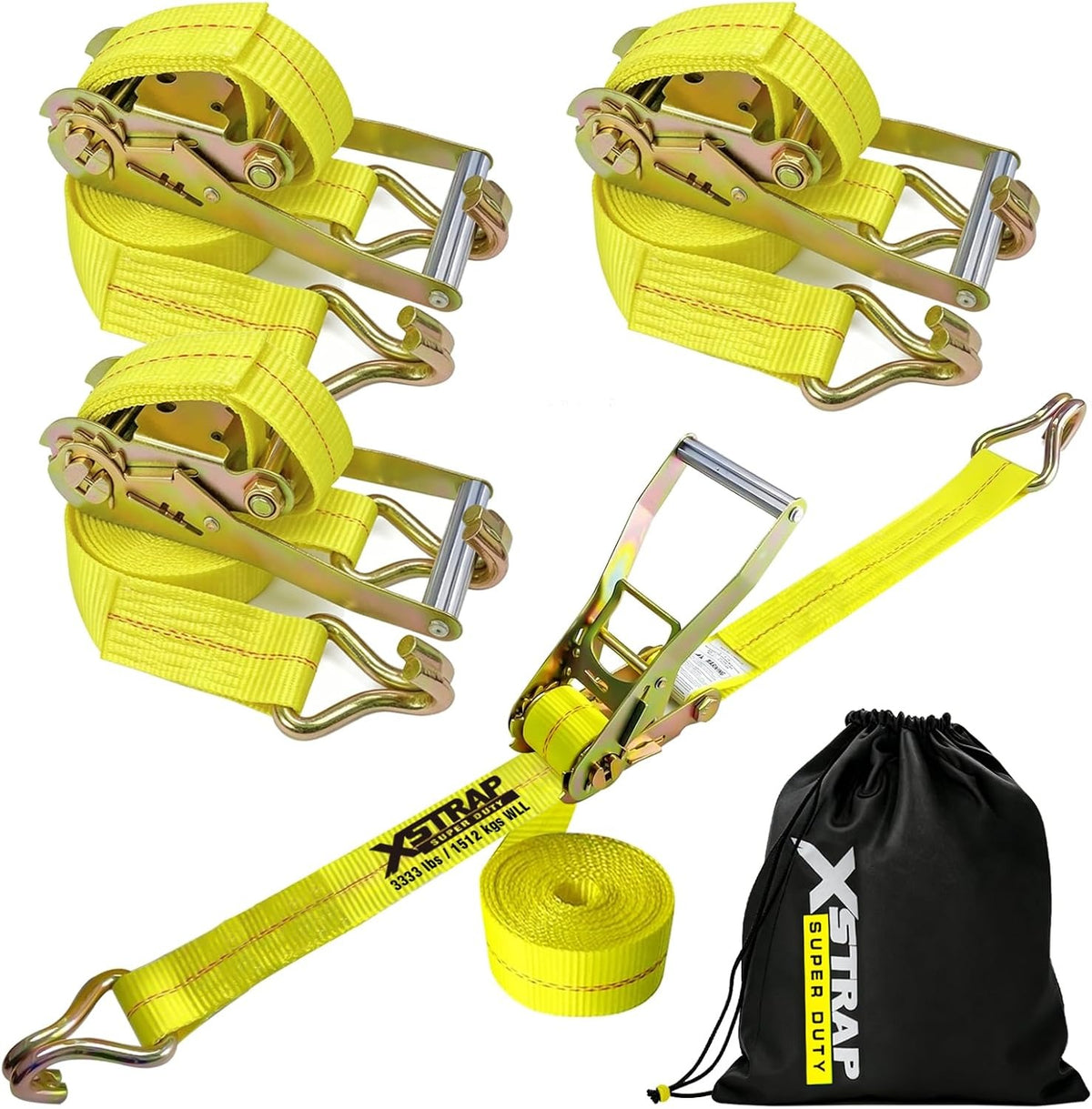XS61639 Super Duty 4 Pack 2" x 15ft Ratchet Tie Down Straps, 10000 Lbs Max Break Strength with Double J-Hooks, Heavy Cargo Straps for Trailer, Kayaks, Car Roof, Trucks and Moving