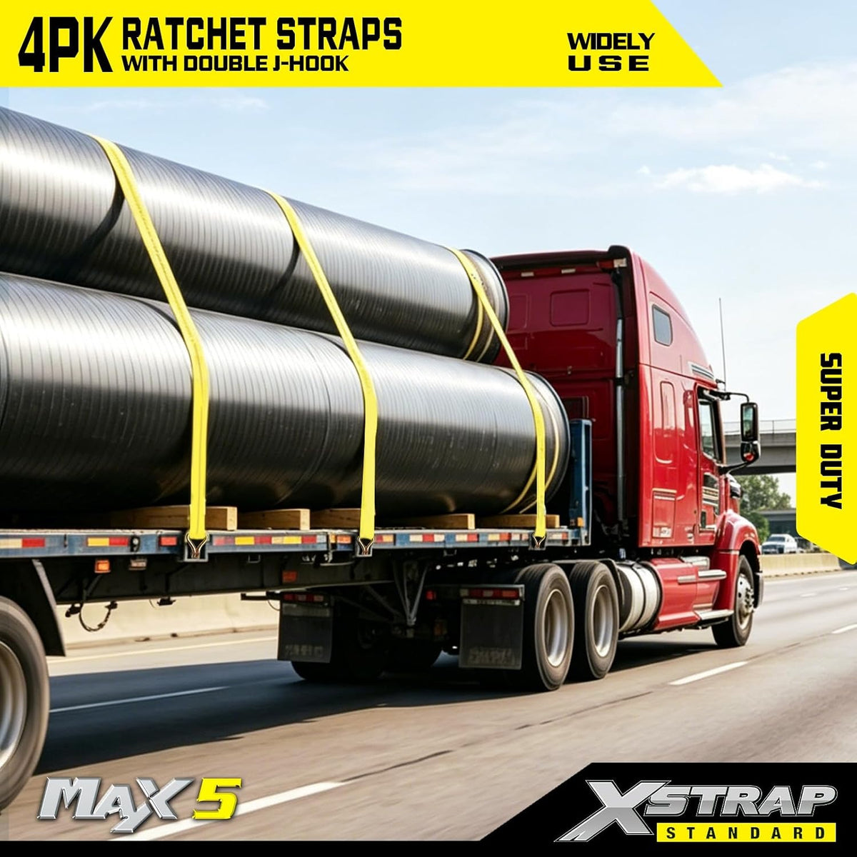 XS61639 Super Duty 4 Pack 2" x 15ft Ratchet Tie Down Straps, 10000 Lbs Max Break Strength with Double J-Hooks, Heavy Cargo Straps for Trailer, Kayaks, Car Roof, Trucks and Moving