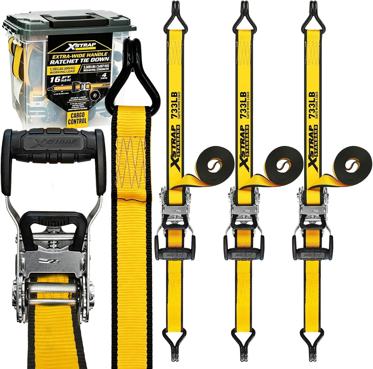 XS16092-4Y 4 Pack 1.5" x 16Ft Ratchet Tie Down Straps Double w/ J Hook, 3,300 lb Break Strength, Heavy Duty Tie Down Straps for ATV, UTV, Truck, Motorcycle & Cargo Hauling, Kayak, Trailer, Yellow