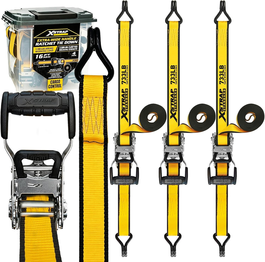 XS16092-4Y 4 Pack 1.5" x 16Ft Ratchet Tie Down Straps Double w/ J Hook, 3,300 lb Break Strength, Heavy Duty Tie Down Straps for ATV, UTV, Truck, Motorcycle & Cargo Hauling, Kayak, Trailer, Yellow