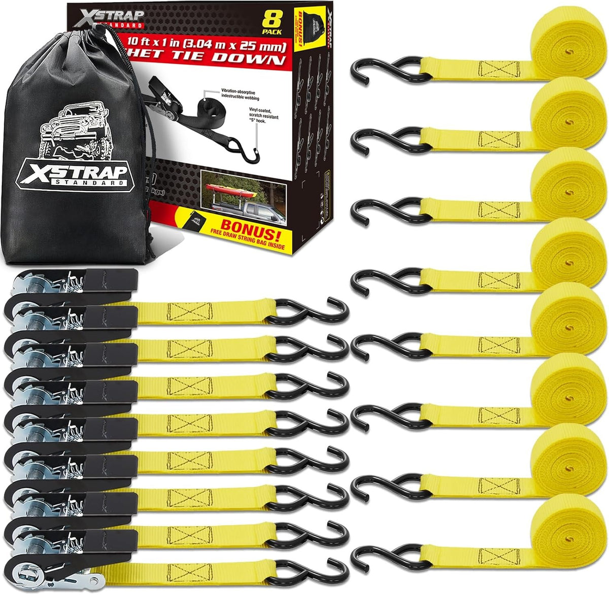 XS16044 8-PK Ratchet Tie Down Straps, 1" x 10ft Cargo Strap, Yellow	900 Lbs Break Strength Securing Straps with S-Hook for UTV, ATV, Pickup, Truck, Moving Appliances, Lawn Equipment, Yellow