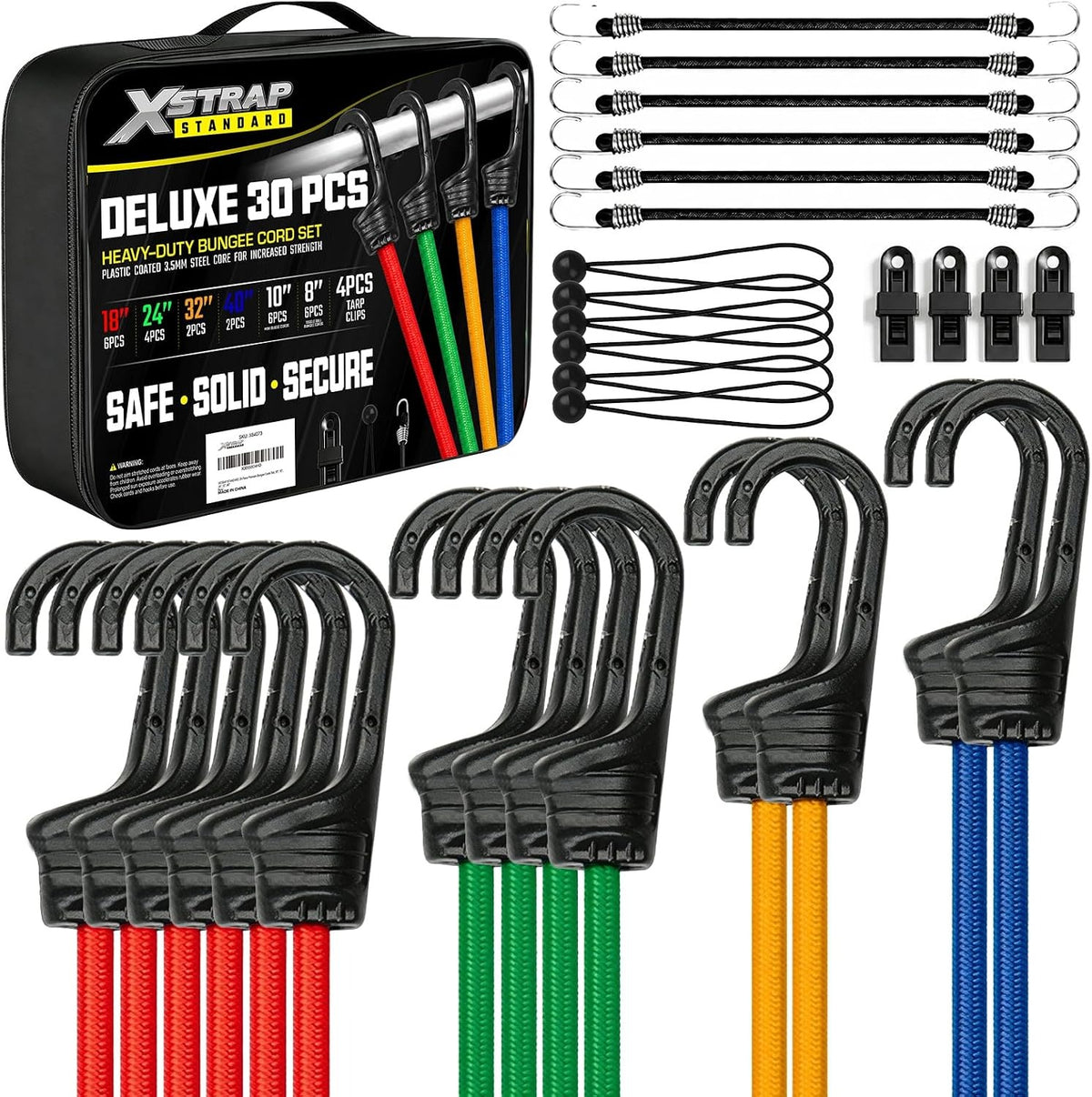 X64073 Heavy Duty 30-Piece Premium Bungee Cords Assortment, Multi-Size Elastic Cords with Hooks, Balls & Tarp Clips, Portable Bag for Camping, RV, Moving and Cargo Luggage