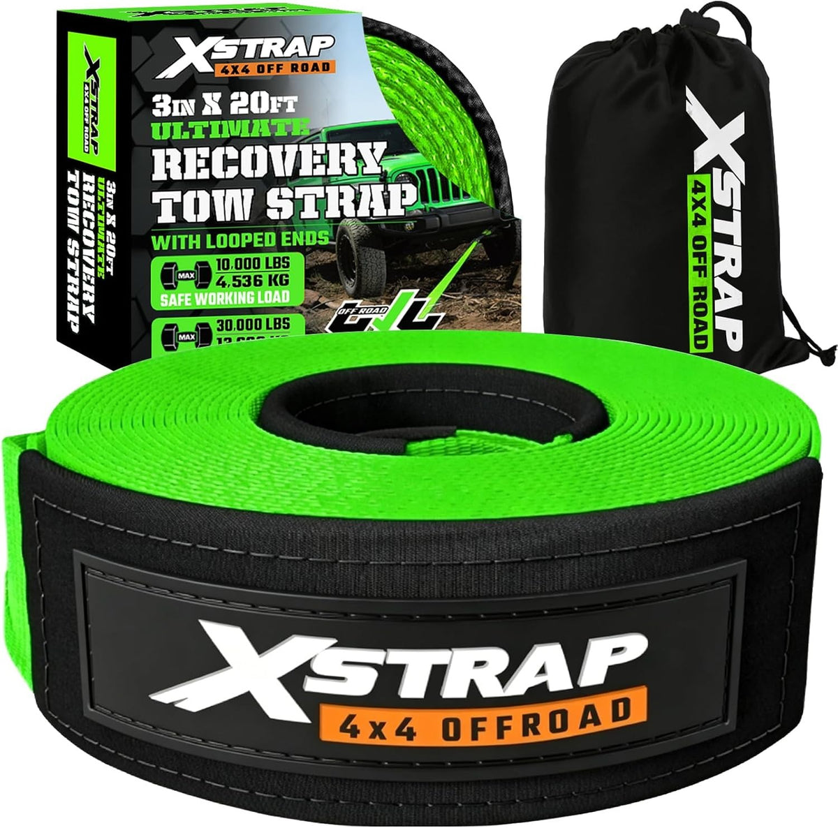 XS61934 Heavy Duty 3" x 20ft Recovery Snatch Truck Tow Strap 30000 Lb Break Strength, Abrasion Sleeve & Triple Reinforced Loops, Emergency Towing Strap for Off-Road, SUV and Jeep