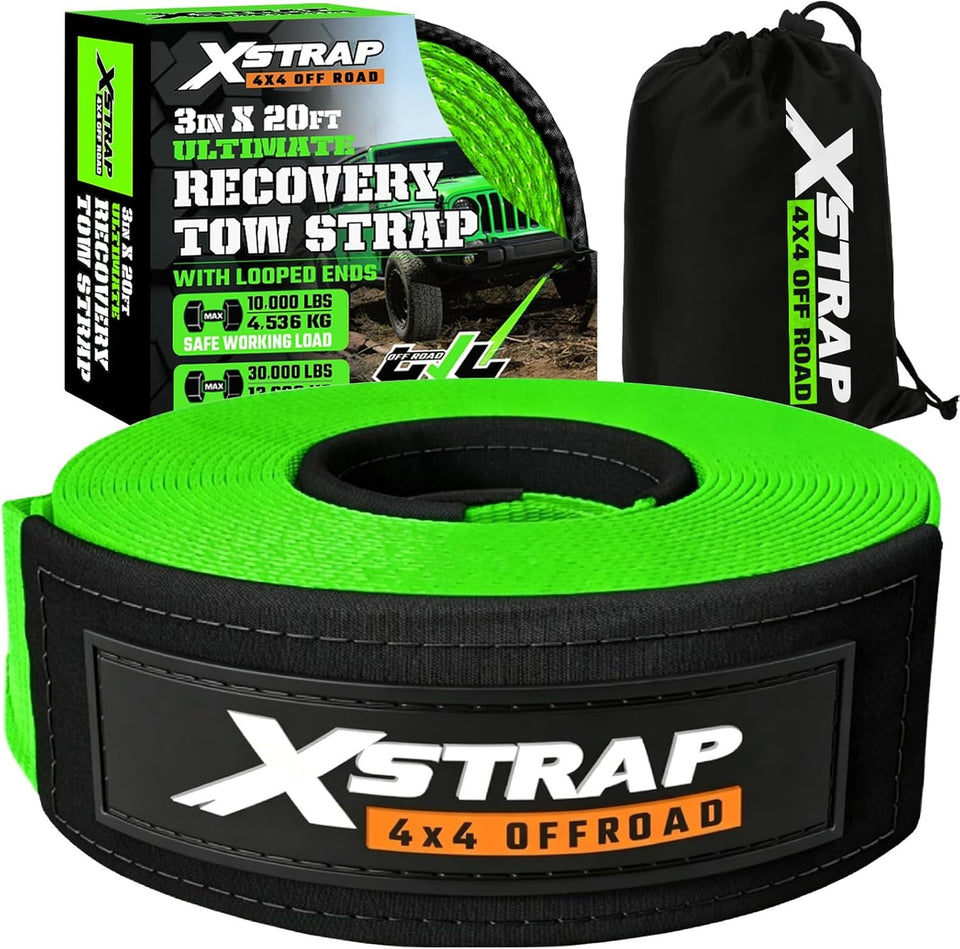 XS61934 Heavy Duty 3" x 20ft Recovery Snatch Truck Tow Strap 30000 Lb Break Strength, Abrasion Sleeve & Triple Reinforced Loops, Emergency Towing Strap for Off-Road, SUV and Jeep