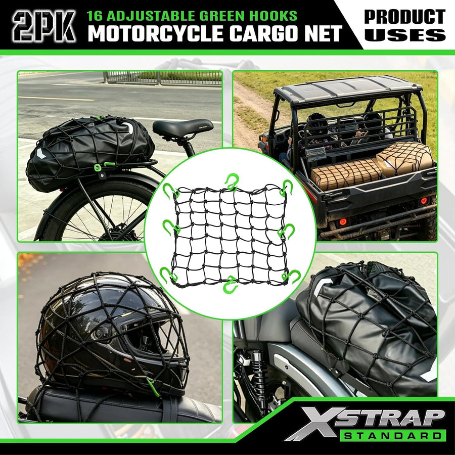 XS63559 2 Pack 15"x15" Motorcycle Cargo Nets with 16 Adjustable Hooks ﻿ Stretches up to 30"X30", 2"X2" Small Mesh Gear Helmet Net, Green Hooks for Motorcycle, Bike, ATV and Luggage Rack