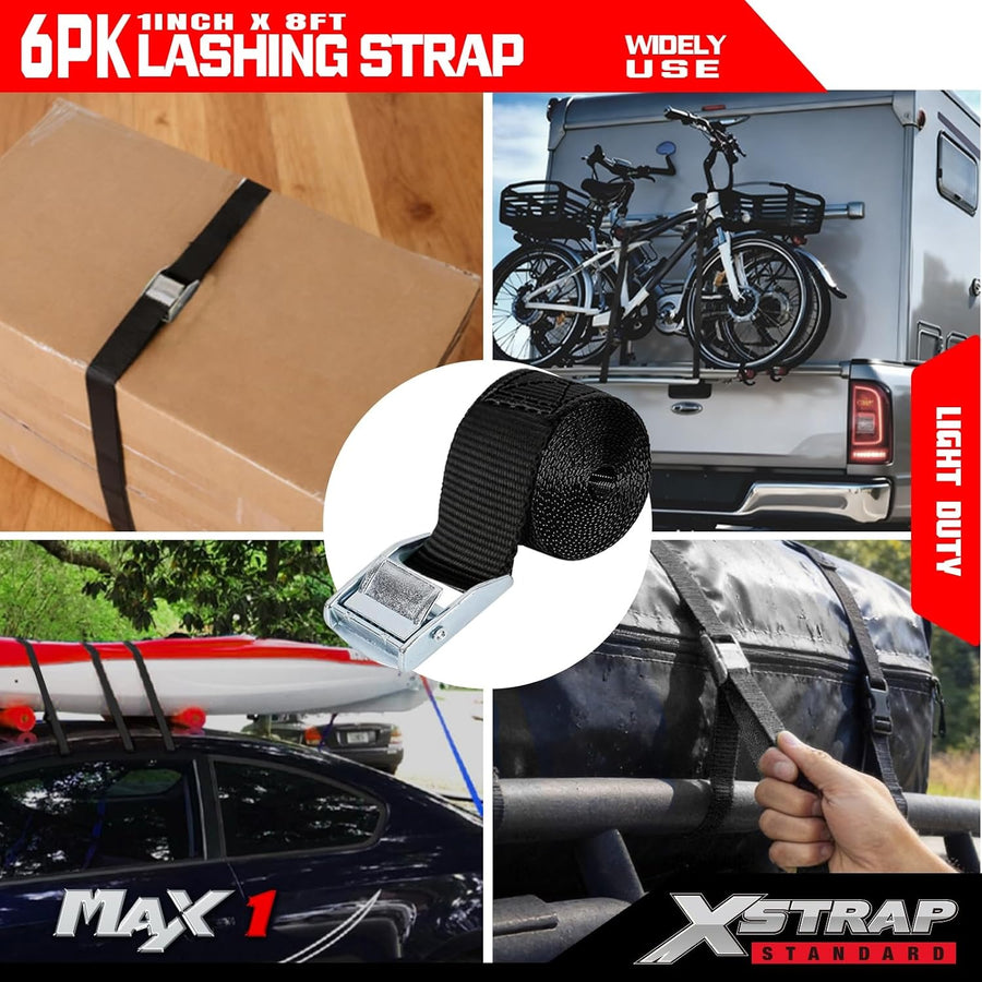 16006 6PK 8FT Cam Buckle Lashing Straps, Cargo Tie-Down Straps 1000 lb Break Strength 1-inch Powersports Tie Down with Carry Bag for Securing Luggage Motorcycles Trailer Rack Kayak, Green