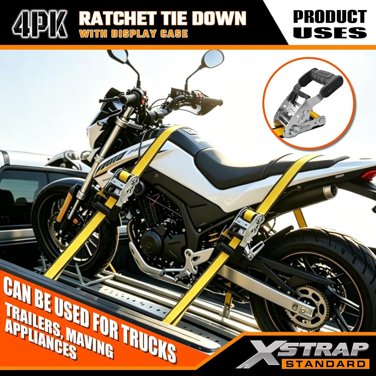 XS66118 4-Pack Heavy Duty 1.5" x 16ft Ratchet Tie Down Cargo Straps 1.5"x16FT Motorcycle Straps with Double J Hooks with Ergonomic T-Handle, 3300 lbs Break Strength for Truck, ATV, Trailer, UTV