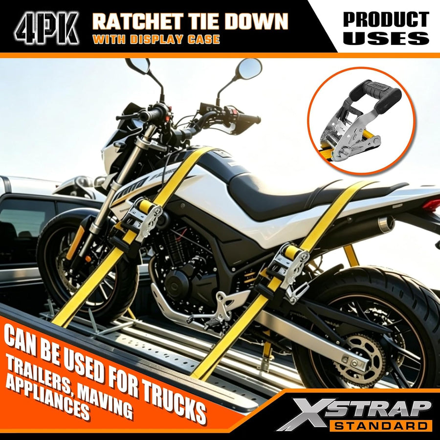 XS66118 4-Pack Heavy Duty 1.5" x 16ft Ratchet Tie Down Cargo Straps 1.5"x16FT Motorcycle Straps with Double J Hooks with Ergonomic T-Handle, 3300 lbs Break Strength for Truck, ATV, Trailer, UTV