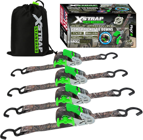 X61167 4-Pack 1" x 15ft Self-Storing Ratchet Tie Down Straps, Camo 1500 lbs Break Strength Hand Crank Cargo Straps with S Hooks for Truck Trailer Pickups Motorcycle Van ATV UTV