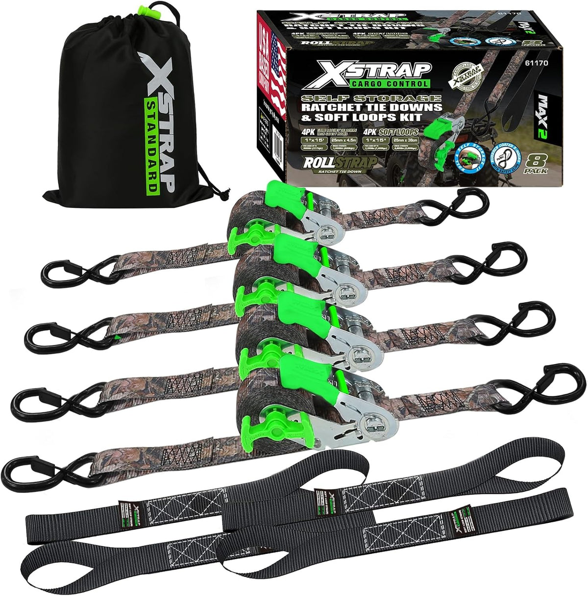 X61170 4-Pack 1" x 15ft Self-Storing Ratchet Tie Down Straps, Camo 1500 lbs Break Strength Hand Crank Cargo Straps with Soft Loops & Safety S Hooks for Truck Trailer Motorcycle Van ATV UTV