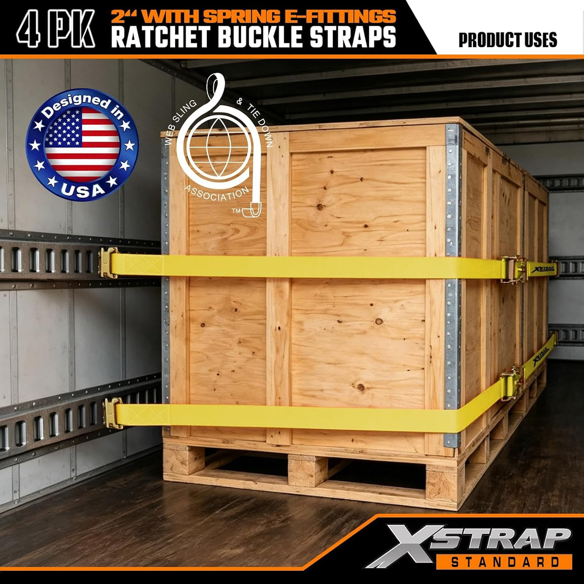 4-PK 2" x 12' E-Track Heavy Duty Ratchet Tie Down Straps 4,400lbs Break Strength （yellow）63431