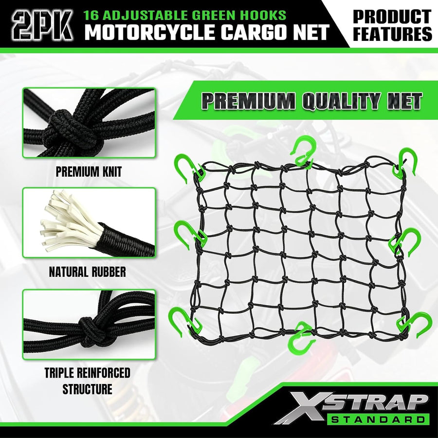 XS63559 2 Pack 15"x15" Motorcycle Cargo Nets with 16 Adjustable Hooks ﻿ Stretches up to 30"X30", 2"X2" Small Mesh Gear Helmet Net, Green Hooks for Motorcycle, Bike, ATV and Luggage Rack