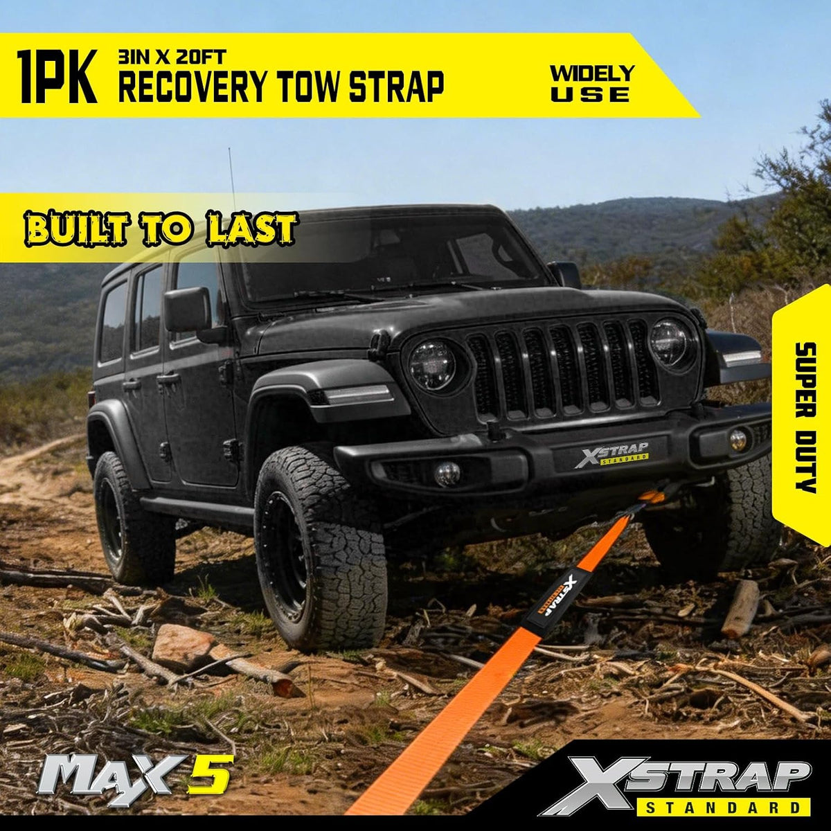 XS61934-orange Heavy Duty 3" x 20ft Recovery Snatch Truck Tow Strap 30000 Lb Break Strength, Abrasion Sleeve & Triple Reinforced Loops, Emergency Towing Strap for Off-Road, SUV and Jeep