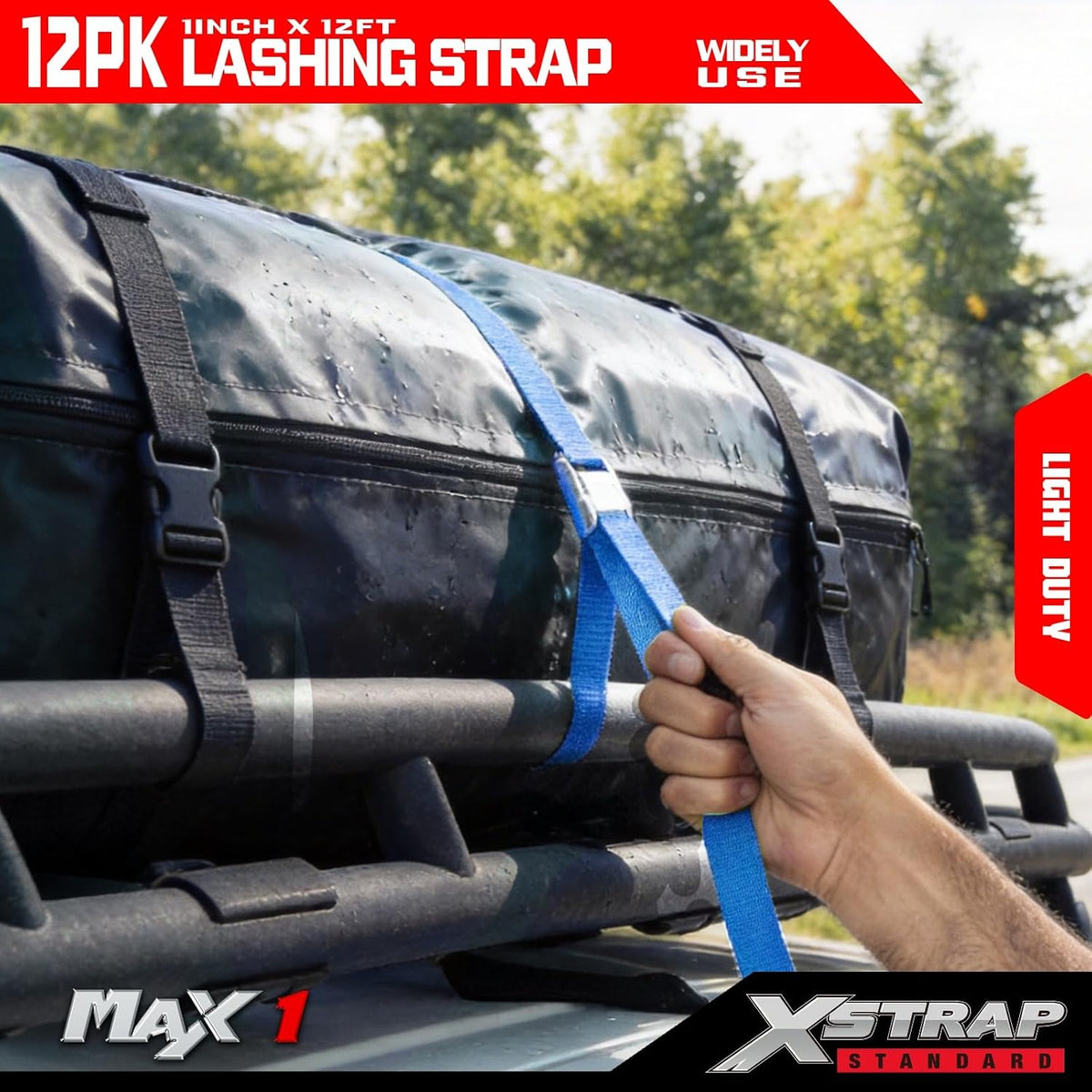 XS61094 Cambuckle Tie Down Strap 12-PK 1" x12' Cargo Lashing Straps 1000 lb Break Strength 1-inch Powersports Tie Down with Carry Bag for Securing Luggage Motorcycles Trailer Rack Kayak, Blue