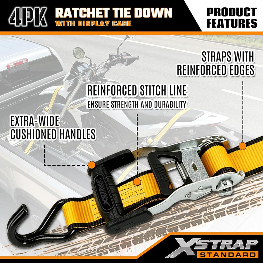 XS66118 4-Pack Heavy Duty 1.5" x 16ft Ratchet Tie Down Cargo Straps 1.5"x16FT Motorcycle Straps with Double J Hooks with Ergonomic T-Handle, 3300 lbs Break Strength for Truck, ATV, Trailer, UTV