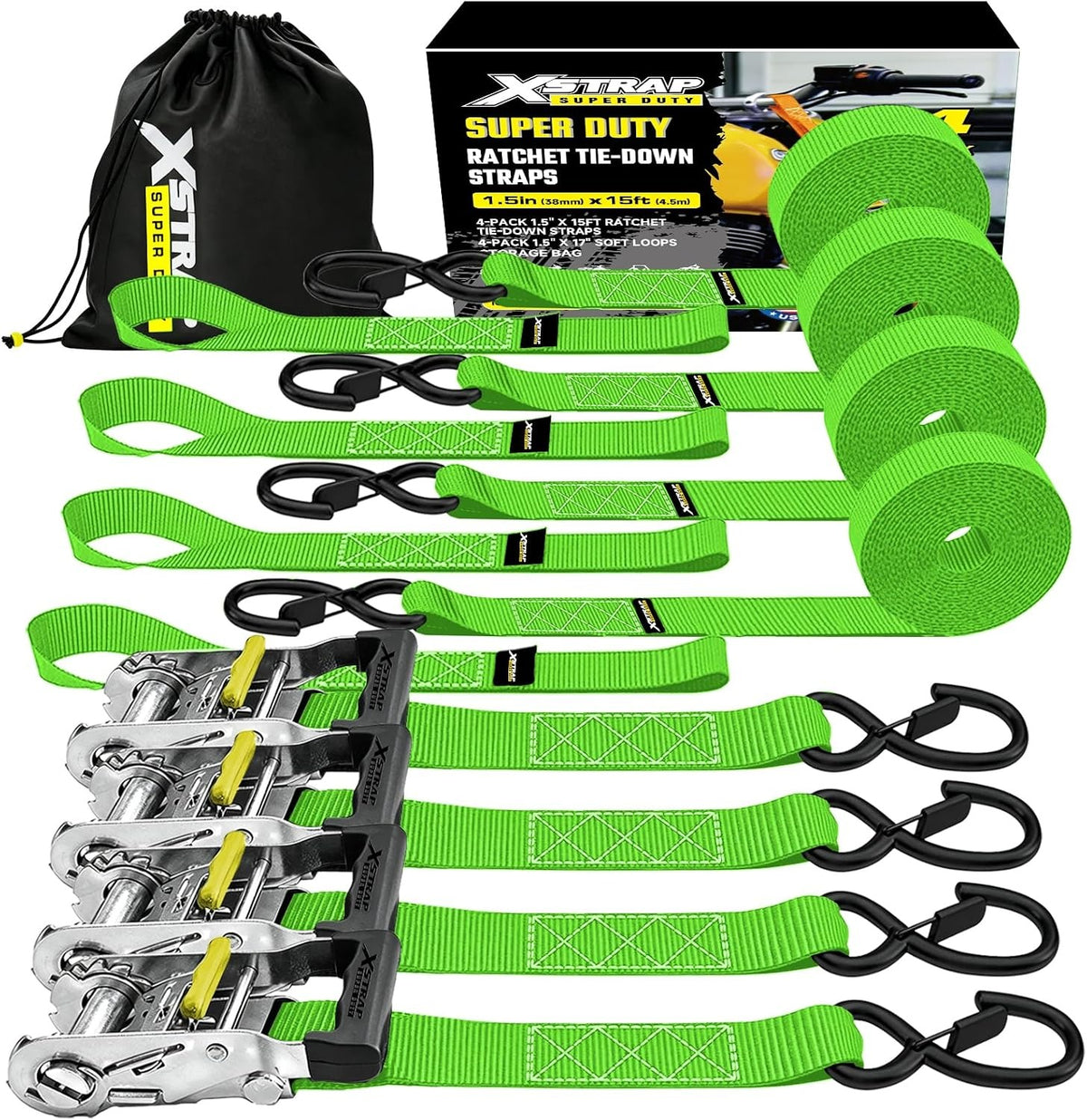 XS61787 Super Duty Ratchet Tie Down Straps, 4-Pack 1.5" x 15ft 5000 Lbs Breaking Strength with Safety S-Hooks & 4 of 17" Soft Loops, Black Cargo Straps for Motorcycle, ATV, UTV and Trucks
