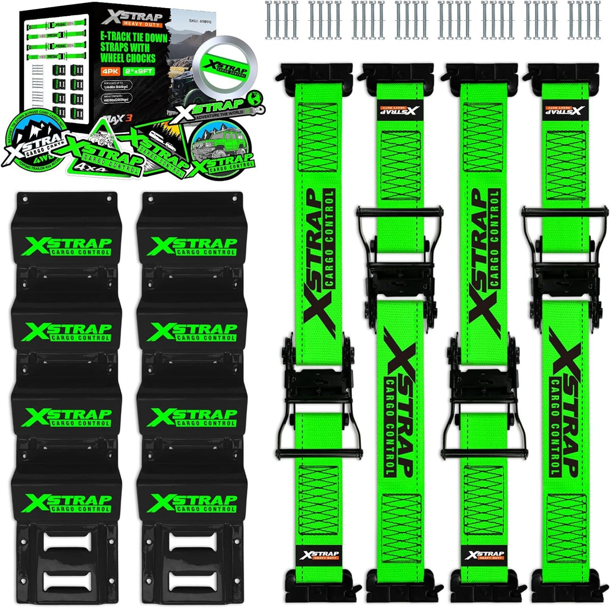 X61895 4-PK Wheel Chock E-Track Tie Down Straps Kit, 2"x9FT, Green 4,400lb Break Strength Over-The-Tire 4 Ratchet Straps with 8 Steel Wheel Chocks for ATV, UTV, Mower, Four Wheeler & Trailer