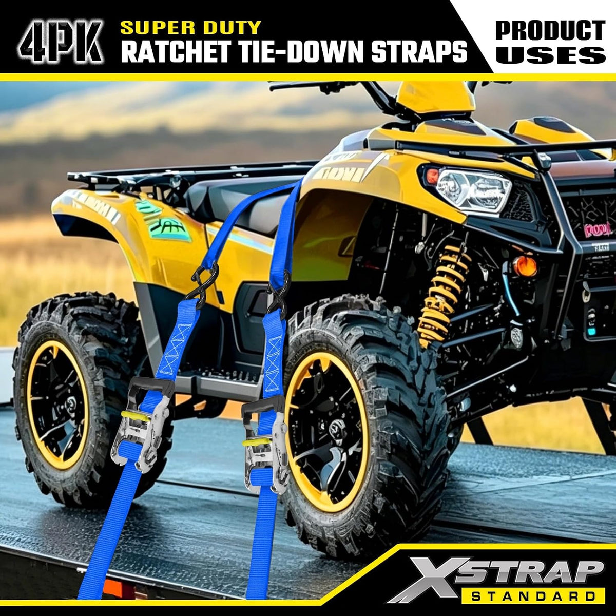 XS61689 Super Duty Ratchet Tie Down Straps, 4-Pack 1.5" x 15ft 5000 Lbs Breaking Strength with Safety S-Hooks & 4 of 17" Soft Loops, Black Cargo Straps for Motorcycle, ATV, UTV and Trucks