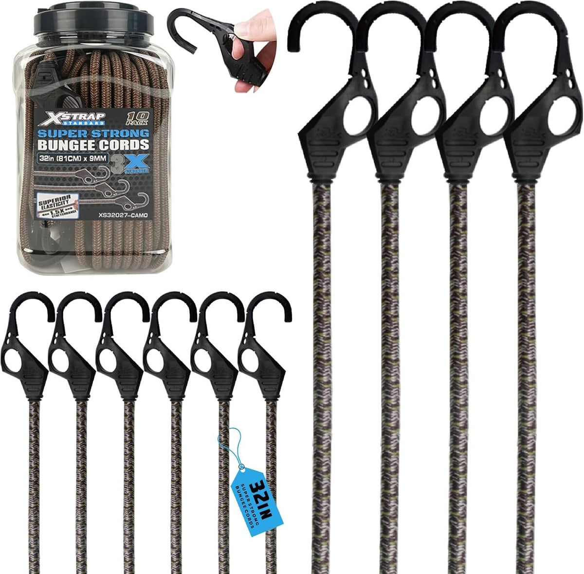 XS32027-Camouflage 10PK 32-inch Heavy Duty Bungee Cords with Finger-Hole Hooks Premium Camo Rubber Elastic Bungee Straps Multipurpose Tie Downs for Outdoor Tarp Covers Camping Tent Luggage & Moving Cargo