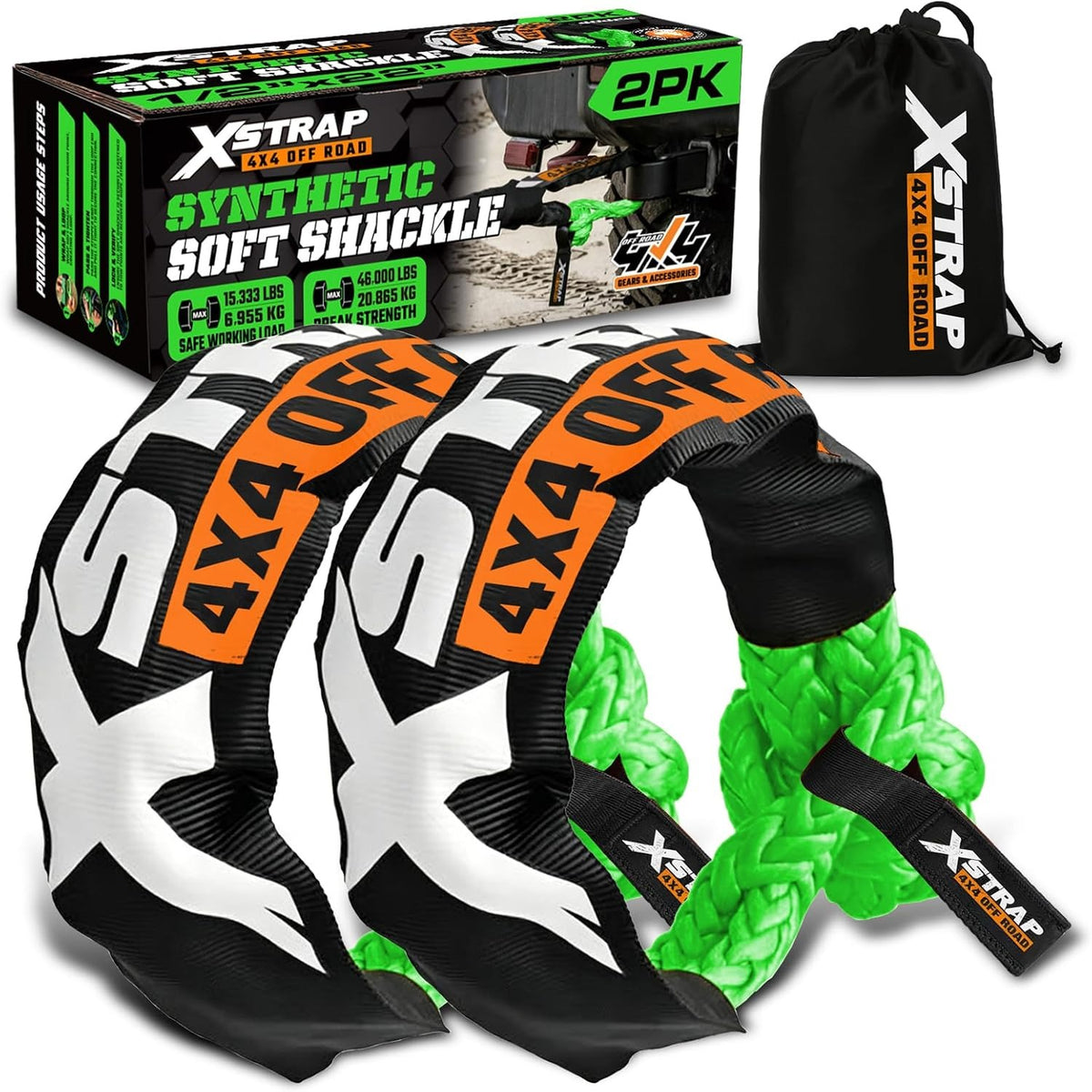 XS16094-Green Soft Shackle 2 Pack - 1/2” x 22” 46000 Lbs Tow Recovery, Synthetic Shackle Rope, Heavy Duty Recovery Gear for Towing, Winch, Jeep, ATV, UTV, Truck, Off-Road (Green)