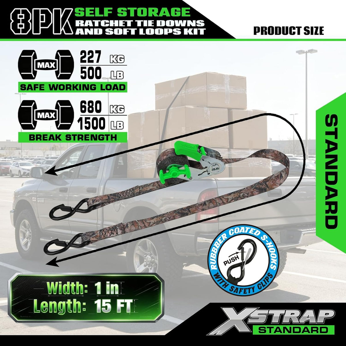 X61170 4-Pack 1" x 15ft Self-Storing Ratchet Tie Down Straps, Camo 1500 lbs Break Strength Hand Crank Cargo Straps with Soft Loops & Safety S Hooks for Truck Trailer Motorcycle Van ATV UTV